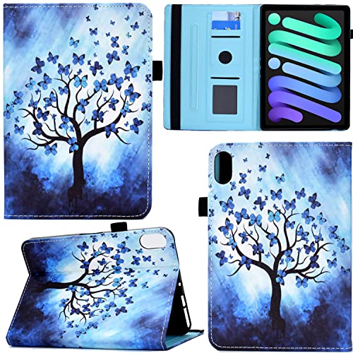 GRENJ Ooboom Hülle für iPad Mini6 2021, PU Leder Flip Smart Cover Schutzhülle Tasche Brieftasche Wallet Case Schale Ständer mit Kartenfächer Gummiband - Schmetterling Baum von GRENJ