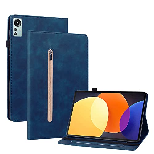 GRENJ Ooboom Reißverschluss Hülle für Xiaomi Pad 5 Pro 12,4", Flip Smart Cover PU Leder Schutzhülle Tasche Brieftasche Wallet Case Ständer Kartenfächer Gummiband - Dunkelblau von GRENJ