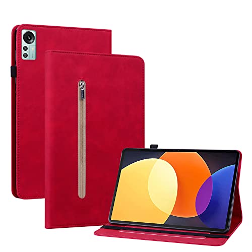 GRENJ Ooboom Reißverschluss Hülle für Xiaomi Pad 5 Pro 12,4", Flip Smart Cover PU Leder Schutzhülle Tasche Brieftasche Wallet Case Ständer Kartenfächer Gummiband - Rot von GRENJ