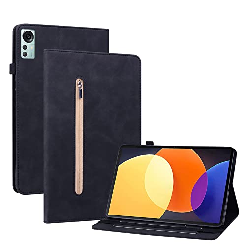 GRENJ Ooboom Reißverschluss Hülle für Xiaomi Pad 5 Pro 12,4", Flip Smart Cover PU Leder Schutzhülle Tasche Brieftasche Wallet Case Ständer Kartenfächer Gummiband - Schwarz von GRENJ