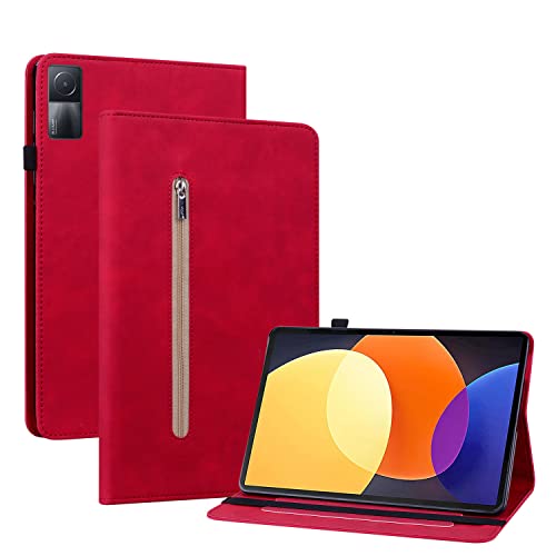 GRENJ Ooboom Reißverschluss Hülle für Xiaomi Redmi Pad, Flip Smart Cover PU Leder Schutzhülle Tasche Brieftasche Wallet Case Ständer Kartenfächer Gummiband - Rot von GRENJ