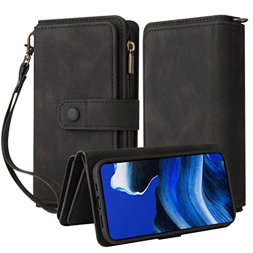 GRENJ Ooboom Reißverschluss Wallet Hülle für Sony Xperia 5 IV, Schnalle Flip PU Leder Schutzhülle Klapphülle Zipper Handy Tasche Case Cover mit Silikon TPU Kartenfächer Stand - Schwarz von GRENJ