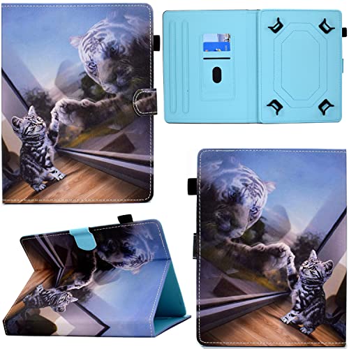 GRENJ Ooboom Universal Hülle für 9,7" 10" 10,1" Zoll Android Tablets, PU Leder Flip Smart Cover Schutzhülle Dünn Tasche Brieftasche Wallet Case Ständer mit Kartenfächer Magnetverschluss - Katze Tiger von GRENJ