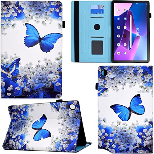 Ooboom Hülle für Lenovo Tab M10 Plus 3rd Gen 10,6" 2022, PU Leder Flip Smart Cover Schutzhülle Tasche Brieftasche Wallet Case Schale Ständer mit Kartenfächer Gummiband - Blau Schmetterling von GRENJ