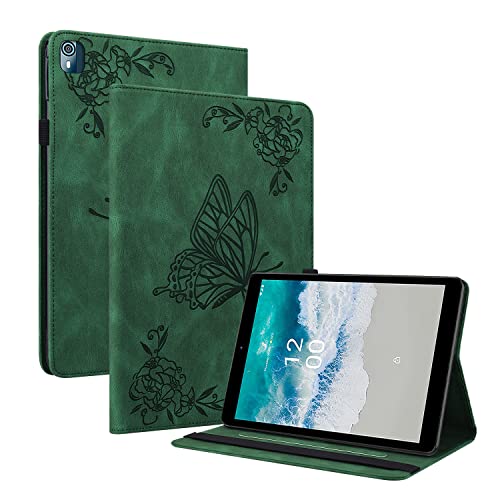 Ooboom Hülle für Nokia T10, Retro Butterfly Flower Pattern Flip Smart Cover Wallet PU Leather Bag Stand Card Slots Holder Elastic Band - Grün von GRENJ