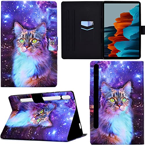 Ooboom Hülle für Samsung Galaxy Tab S7/Tab S8, PU Leder Flip Smart Cover Schutzhülle Dünn Tasche Brieftasche Wallet Case Ständer mit Kartenfächer Magnetverschluss - Katze Stern von GRENJ