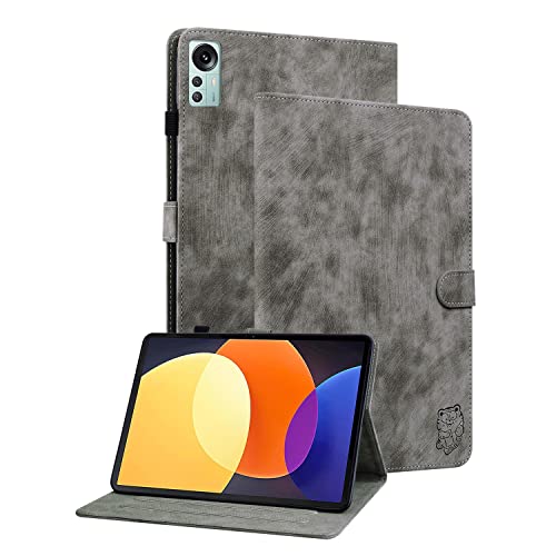 Ooboom Hülle für Xiaomi Pad 5 Pro 12,4", Süßer Tiger Magnetische Flip Folio Smart Cover PU Leder Schutzhülle Tasche Brieftasche Wallet Case Ständer Kartenfächer - Grau von GRENJ