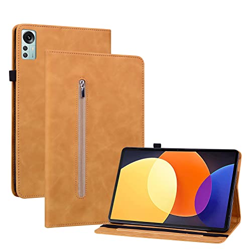 Ooboom Reißverschluss Hülle für Xiaomi Pad 5 Pro 12,4", Flip Smart Cover PU Leder Schutzhülle Tasche Brieftasche Wallet Case Ständer Kartenfächer Gummiband - Gelb von GRENJ