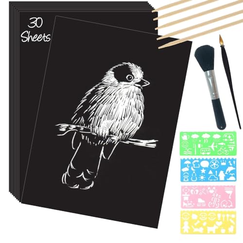 GREOHNMPAW Kratzpapier-Kunstset, 30 Blatt 8x11, Schwarz Beschichtetes Kratzpapier, Großes Kratzpapier mit Holzstiften und Schablonen GREOHNMPAW Kratzpapier-Kunstset, 30 Blatt 8x11, Schwarz Beschichtetes Kratzpapier, Großes Kratzpapier mit Holzstiften und Schablonen von GREOHNMPAW