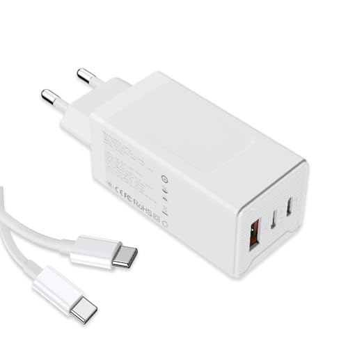 GREVA USB C Ladegerät 65W, 3 Port PD GaN USB QC 3.0 Schnellladegerät, Netzteil USB C Kompatibel, iPad, MacBook, Laptop, Huawei, Samsung, Ladegerät mit Kabel Netzteile für Handys Weiß von GREVA