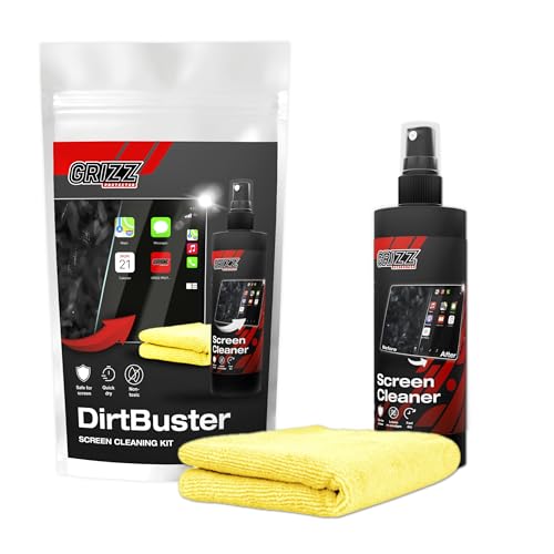 GRIZZ GLASS DirtBuster Bildschirmreiniger Set 250 ml mit Mikrofasertuch – zur Reinigung von Auto-, Handy-, Laptop- und TV-Displays (LCD, LED, OLED, QLED, TFT) gegen Fettflecken und Fingerabdrücke von GRIZZ GLASS