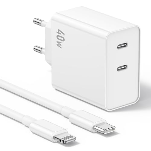 Dual USB C Schnellladegerät, 40W iPhone ladegerät netzteil USB c and 2M Lightning Ladekabel, [Apple MFi-Zertifiziert] ladegerät für iPhone 14 13 12 11 Pro Max XR XS X, iPad von GRODOE