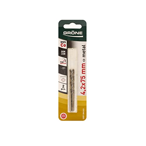 GRÖNE Kobalt Metallbohrer - Bohrer aus Kobalt - HSS-Stahl - 2er-Set - Hohe Schnittgeschwindigkeit - Beständig gegen extreme Temperaturen - Überhitzt Nicht - 4,2 mm 2 Stk. GRÖNE Kobalt Metallbohrer - Bohrer aus Kobalt - HSS-Stahl - 2er-Set - Hohe Schnittgeschwindigkeit - Beständig gegen extreme Temperaturen - Überhitzt Nicht - 4,2 mm 2 Stk. von GRÖNE
