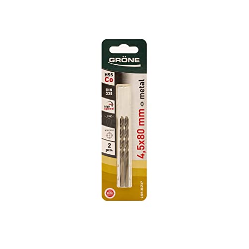 GRÖNE Kobalt Metallbohrer - Bohrer aus Kobalt - HSS-Stahl - 2er-Set - Hohe Schnittgeschwindigkeit - Beständig gegen extreme Temperaturen - Überhitzt Nicht - 4,5 mm 2 Stk. GRÖNE Kobalt Metallbohrer - Bohrer aus Kobalt - HSS-Stahl - 2er-Set - Hohe Schnittgeschwindigkeit - Beständig gegen extreme Temperaturen - Überhitzt Nicht - 4,5 mm 2 Stk. von GRÖNE