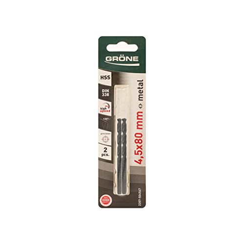 GRÖNE Metallbohrer - Bohrer - HSS-Stahl - 2er-Set - Kompatibel mit herkömmlichen Bohrfuttermaschinen - Hohe Schnittgeschwindigkeit - Überhitzt Nicht - 4,5 mm 2 Stk. GRÖNE Metallbohrer - Bohrer - HSS-Stahl - 2er-Set - Kompatibel mit herkömmlichen Bohrfuttermaschinen - Hohe Schnittgeschwindigkeit - Überhitzt Nicht - 4,5 mm 2 Stk. von GRÖNE