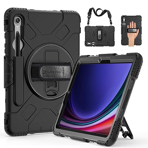 GROLEOA Hülle für Samsung Galaxy Tab S9 2023: Stoßfeste Silikon Hülle für Galaxy Tab S9 11 Zoll SM-X710/X716B/X718U - Drehbarer Ständer - Griff - Schultergurt, Schwarz von GROLEOA