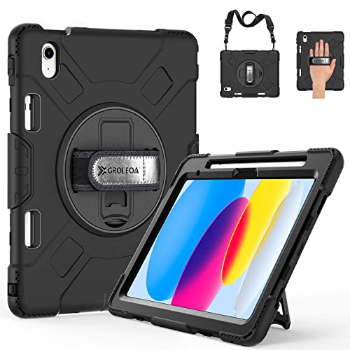 GROLEOA Hülle für iPad 10 Generation, Robuste Stoßfeste Schutzhülle aus Silikon Case für iPad 10th Gen 10.9 Zoll mit Stifthalter, Drehbarer Ständer, handschlaufe, Schultergurt, Schwarz von GROLEOA