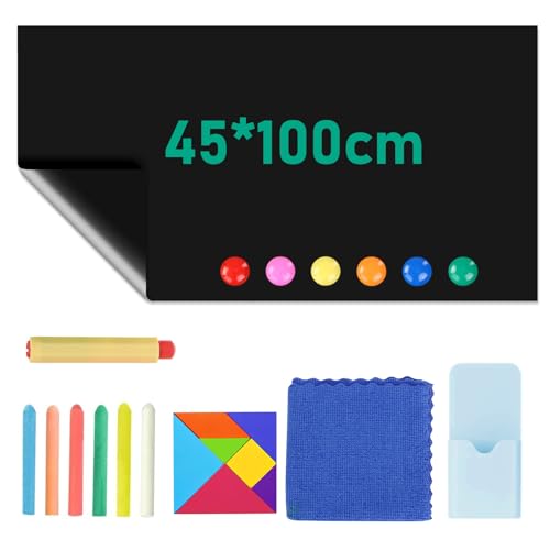 Tafelfolie Magnetisch Selbstklebend, 45x100cm Tafelfolie Selbstklebend, mit Kreide, Lappen, Magnetknöpfen, Puzzlen, Abwischbar Kreidefolie für Haus Büro Schule （Schwarz ） von GROOFOO