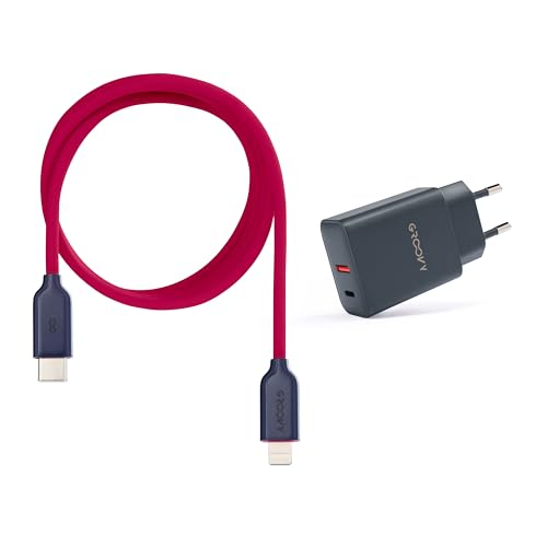 Ladegerät USB-A + USB-C 20 W mit Apple-Kabel 1 Meter | Schnellladung 3 A, farbiges Flüssigsilikon, kompatibel mit iPhone und iPad (Kirsche) von GROOVY