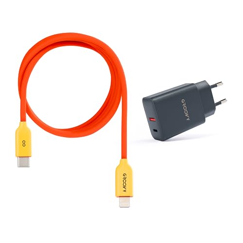 Ladegerät USB-A + USB-C 20 W mit Apple-Kabel 1 Meter | Schnellladung 3 A, farbiges Flüssigsilikon, kompatibel mit iPhone und iPad (Orange) von GROOVY