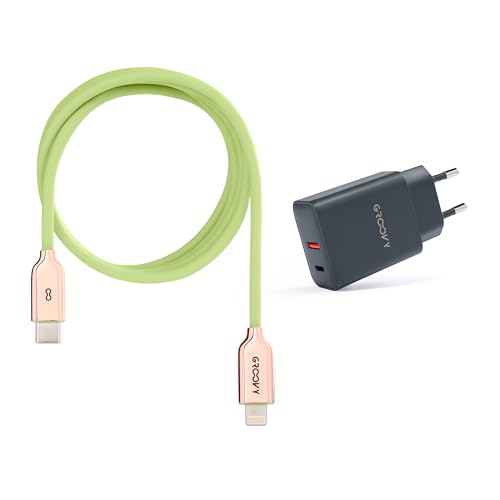 Ladegerät USB-A + USB-C 20 W mit Apple-Kabel 1 Meter | Schnellladung 3 A, farbiges Flüssigsilikon, kompatibel mit iPhone und iPad (grün) von GROOVY