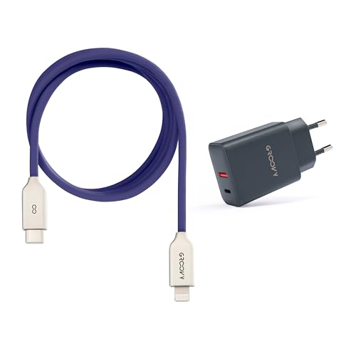 Ladegerät USB-A + USB-C 20 W mit Apple-Kabel 1 Meter | Schnellladung 3 A, farbiges Flüssigsilikon, kompatibel mit iPhone und iPad (violett) von GROOVY