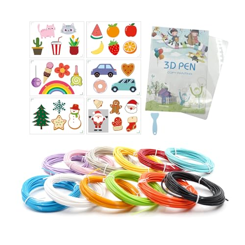 PLA Filament für 3D Stift Druckmaterialien 3D pen, 12 Farben, 120 Meter, 1.75mm, 3D-Druck-Zeichnungsbuch wiederverwendbare bunte 40-Muster mit einem transparenten Kopierbrett und einem Plastikschaber. von GRSTREE