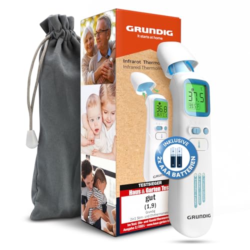 GRUNDIG Fieberthermometer Testsieger - ohne Folgekosten - Thermometer für Baby Kinder Erwachsene - hochpräzise kontaktlos und digital Fieber an Ohr Stirn und Objekten (inkl. Batterien) von GRUNDIG