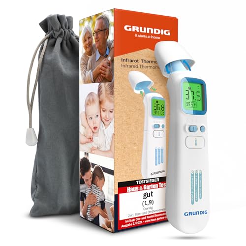 GRUNDIG Fieberthermometer Testsieger - ohne Folgekosten - Thermometer für Baby Kinder Erwachsene - hochpräzise kontaktlos und digital Fieber an Ohr Stirn und Objekten (ohne Batterien) von GRUNDIG