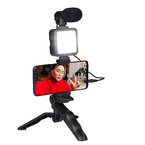 GRUNDIG Telefonstativ mit Lampe – Tripod mit Mikrofon – LEDs mit 3 Farbeinstellungen – für Telefone von 53 bis 84 mm – Tischmodell und Selfie-Stick – Material aus Kunststoff – Schwarz von GRUNDIG