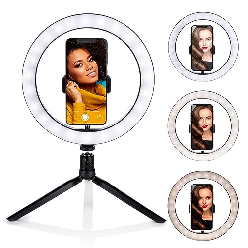 Grundig Ringlicht auf Stativ - Selfie Ringlicht - ⌀ 25 cm - 3 Lichtfarben - 11 Helligkeitsstufen - Flexibler Hals - Bedienung am Kabel - USB aufladbar - Telefonhalter - Stativ - LED Beleuchtung von GRUNDIG