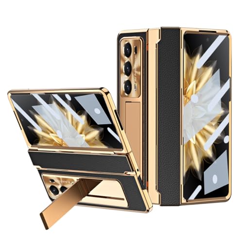 GRXRITUK Kompatibel mit Huawei Honor Magic V2 Hülle, versteckter Ständer, kabelloses Laden, Displayschutzfolie, robuste, stoßfeste 360°-Vollschutzhülle + Ständer (Gold Schwarz) von GRXRITUK