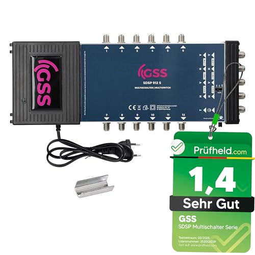 GSS 9/12 Multischalter für 12 Teilnehmer & 2 Satelliten inkl. Aufdrehhilfe - für 2 Quad oder 2 Quattro LNB geeignet - Regelbare Terestrik - 22Khz - integriertes Netzteil - Sat Verteiler - Multiswitch von GSS