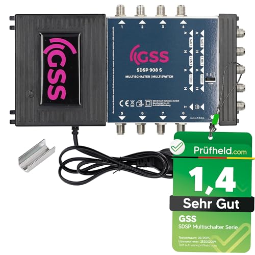[ Test SEHR GUT *] GSS 9/8 Multischalter für Quattro & Quad LNB, Multiswitch für 2 Satelliten & 8 Teilnehmer (TV, Sat Receiver), Matrix Sat Verteiler, HD 4K Digital, für Schüssel Spiegel Antenne von GSS