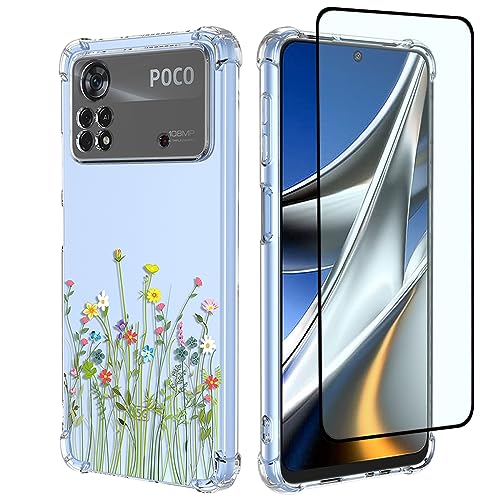 GTBDEKI Handyhülle für Poco X4 Pro 5G Hülle, 2201116PG Hülle mit Displayschutzfolie, Clear Case mit Blumengarten Muster Schutzhülle für Xiaomi Poco X4 Pro 5G Blumenstrauß von GTBDEKI