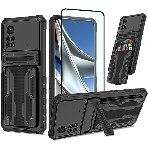 GTBDEKI Handyhülle für Xiaomi Poco X4 Pro 5G Hülle, 2201116PG Hülle mit Displayschutzfolie, Brieftasche Abnehmbarer Kreditkartenhalter Eingebauter Ständer Schutzhülle für Xiaomi Poco X4 Pro 5G Schwarz von GTBDEKI