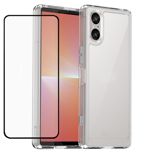 GTBDEKI Klare Hülle für Xperia 5 V Hülle, Sony 5V XQ-DE54 Hülle mit HD Displayschutzfolie, Stoßfest Klar Hart PC + TPU Bumper Schutzhülle für Sony Xperia 5 V Crystal Clear von GTBDEKI