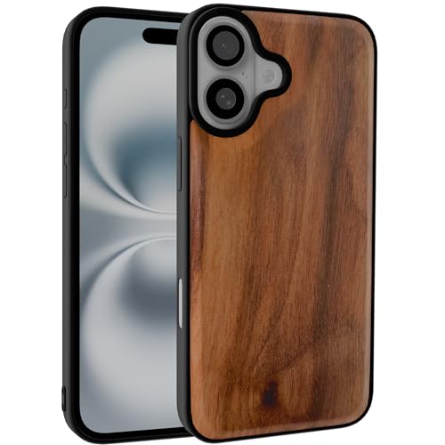 GTElectro Echt Holz Hülle für iPhone 16, Schlank Stoßfest Natürliche Holzabdeckung Weiche TPU Bumper Langlebig Anti-Kratzer Kabelloses Laden Kompatibel (Walnuss) von GTElectro