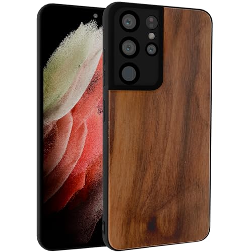 GTElectro Echt Holz Hülle für Samsung Galaxy S21 Ultra 5G, Schlank Stoßfest Natürliche Holzabdeckung Weich TPU Bumper Langlebig Anti-Kratzer Kabelloses Laden Kompatibel (Walnuss) von GTElectro