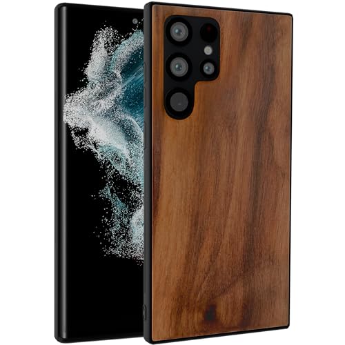 GTElectro Echt Holz Hülle für Samsung Galaxy S22 Ultra 5G, Schlank Stoßfest Natürliche Holzabdeckung Weiche TPU Bumper Langlebig Anti-Kratzer Kabelloses Laden Kompatibel (Walnuss) von GTElectro