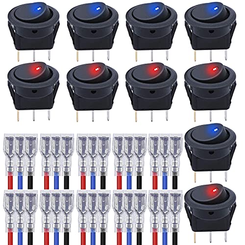 GTIWUNG 10 Stück 12V 20A / 24V 10A LED Rocker Kippschalter, Wippschalter, Runde Schalter Wippschalter Button mit 16AWG Draht für Car Boot Truck Trailer Auto KFZ beleuchtet, Rot & Blau von GTIWUNG