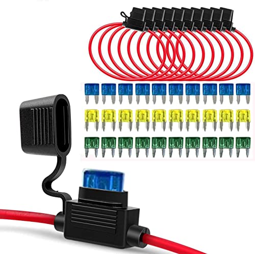 GTIWUNG 10 Stück Auto Sicherungshalter mit 12AWG Draht für KFZ LKW, Flachsicherung Halter Wasserdicht Inline Blade Fuse Holder mit 30-teiligen Klein Flachsicherungen von GTIWUNG