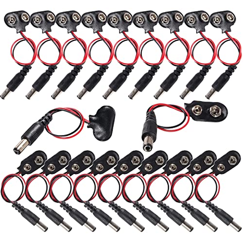 GTIWUNG 20 Stück Batterie Clip Anschluss, 9V Batterie Snap Anschluss mit 10cm Anschlusskabel, 9 Volt Batterie Clip Stecker, 2.1 x 5.5mm DC Netzstecker Batteriehalter Clip (T Typ, I Typ) von GTIWUNG