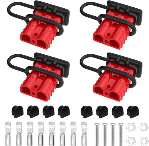 GTIWUNG 4 Stück Batterieanschluss 50A 600V Stecker Rot, Quick Connect Batterie Akku Steckverbinder Schnellanschluss Stecker mit Staubschutzkappen für Winch oder Trailer, Auto, Hochstrom Steckverbinder von GTIWUNG