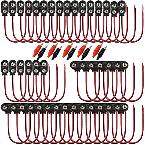 GTIWUNG 40 Stück 9V Batterie-Schnappverbinder, 9V Batterie Clip Anschluss mit 15cm Anschlusskabel, Batterie Snap Anschluss, Batterieklemmen-Anschluss Schnalle, Typ I & Typ T+10 Pcs Krokodilklemmen von GTIWUNG