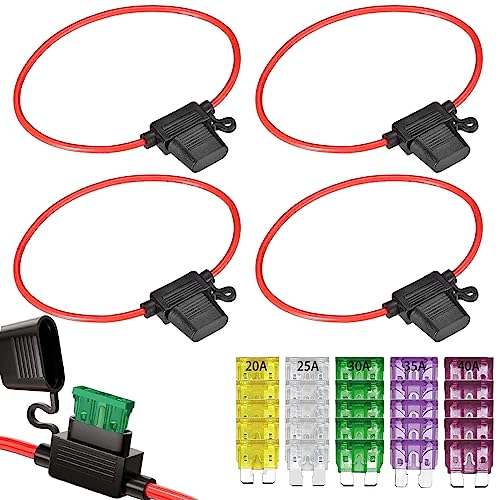 GTIWUNG 5 Stück Auto Sicherungshalter mit 10AWG Draht für KFZ LKW, Flachsicherung Halter Wasserdicht Inline Blade Fuse Holder mit 25-teiligen Mittelgroße Flachsicherungen (20A/25A/30A/35A/40A） von GTIWUNG