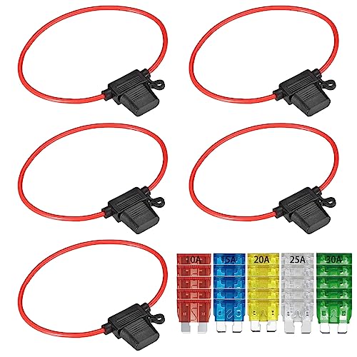 GTIWUNG 5 Stück Auto Sicherungshalter mit 12AWG Draht für KFZ LKW, Flachsicherung Halter Wasserdicht Inline Blade Fuse Holder mit 25-teiligen Mittelgroße Flachsicherungen (10A/15A/20A/25A/30A） von GTIWUNG