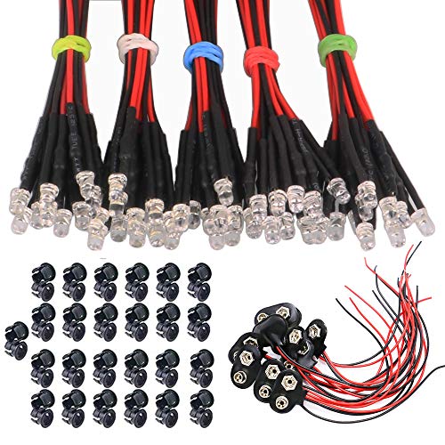 GTIWUNG 50Pcs 3mm Leds mit 20cm Kabel, DC 12V Vorverdrahtete LED-Dioden Licht (Rot, Gelb, GRÜN, Weiß,Blau, Jeder10Pcs) + 50Pcs 3mm LED Montageringe Plastik+10Pcs 15cm 9V T-Typ Batterie Clip von GTIWUNG