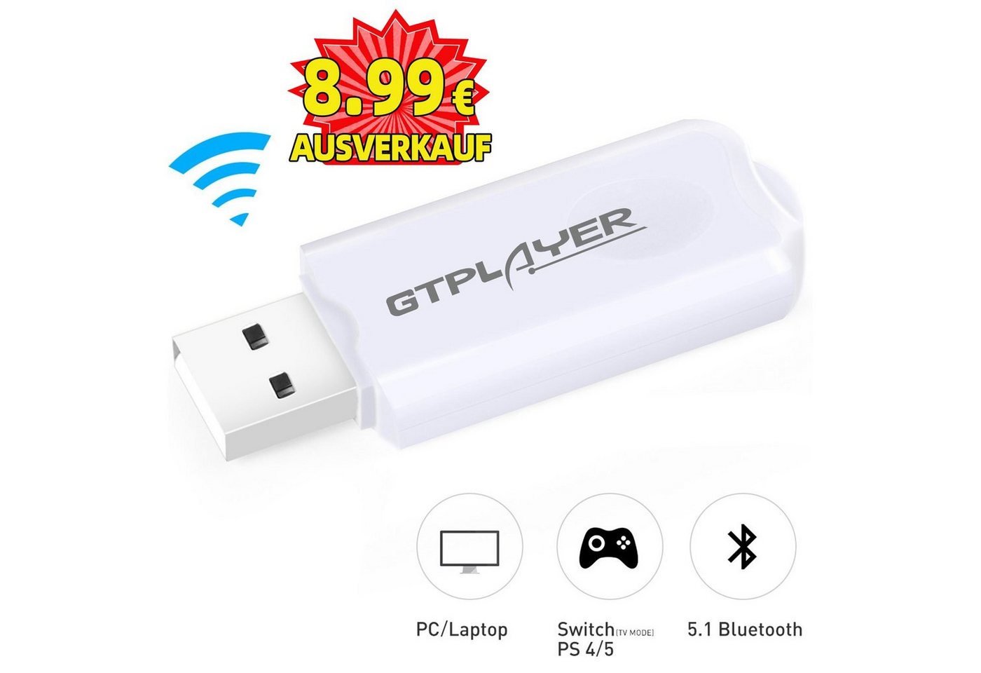 GTPLAYER Bluetooth Adapter 5.1 Bluetooth-Adapter, Windows XP/7/8/10, mac OS, PS4/PS5, Switch(TV Mode) Kompatibel von GTPLAYER