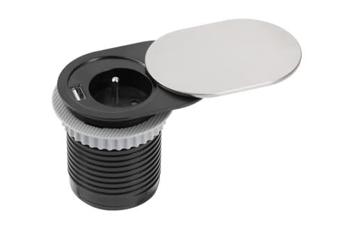 GTV Einbau-Tischsteckdose SLIDE 60mm, 1x Schuko mit Erdung, 1xUSB 2,4A, Edelstahl, 1,9m Kabel - sichere und stilvolle Stromversorgung von GTV